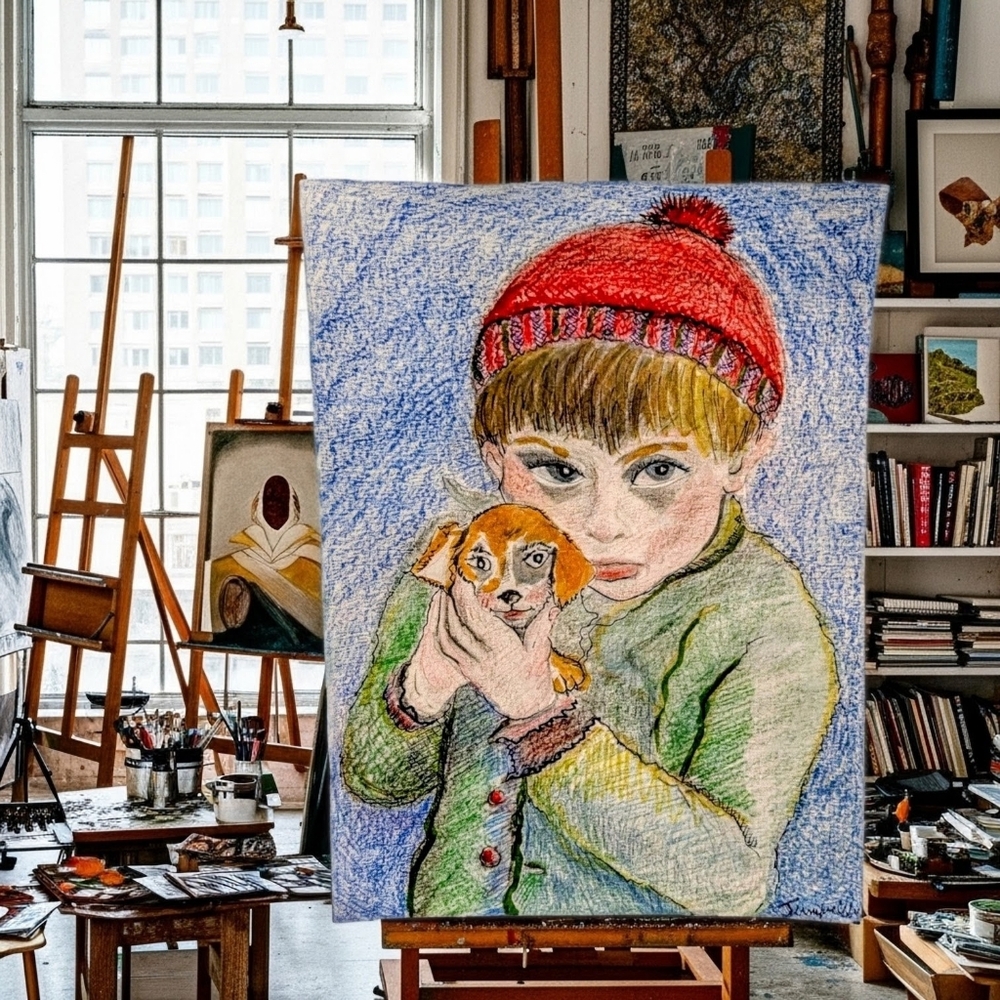 Watercoir Painting Portrait of Boy and Pup.